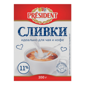 Сливки питьевые ультрапаст. 11% President 200гр Слим Брик