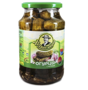 256 Огурцы консер. с чесноком пастер. (лимон.кислота) Хозяин-Барин стекло 900гр (1/6)