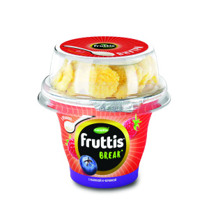 Йогурт FRUTTIS малин/черника с хлопьями 2,5% 165г+10г стак