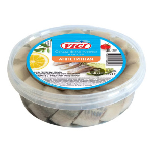 Сельдь филе-кусочки солён. в масле с пряностями Аппетитная 400гр Vici