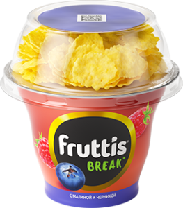 Йогурт FRUTTIS малин/черника с хлопьями 2,5% 165г+10г стак