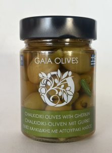 Оливки зелёные Халкидики с корнишоном 320мл в ст. б.