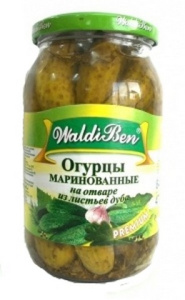 Огурцы маринованные на отваре из листьев дуба 840г ст/б Валдибен