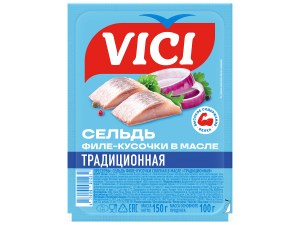 Сельдь филе-кусочки солён. в масле Традиционная 150гр Vici 1/6